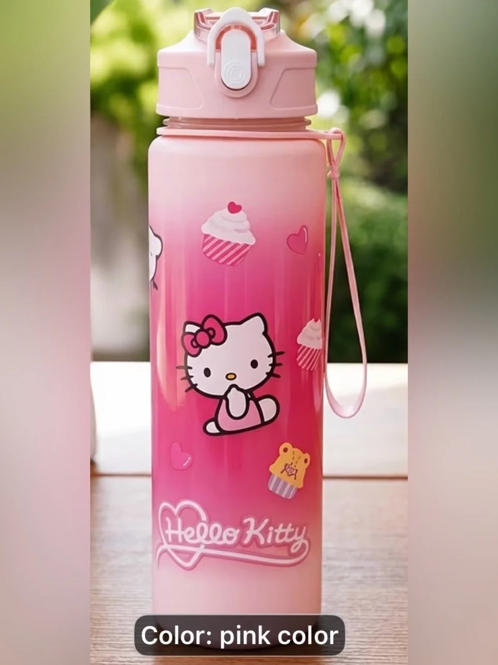 Hello Kitty Pink Gradient Kids Water Bottle with Straw Lid and Carry Strap
